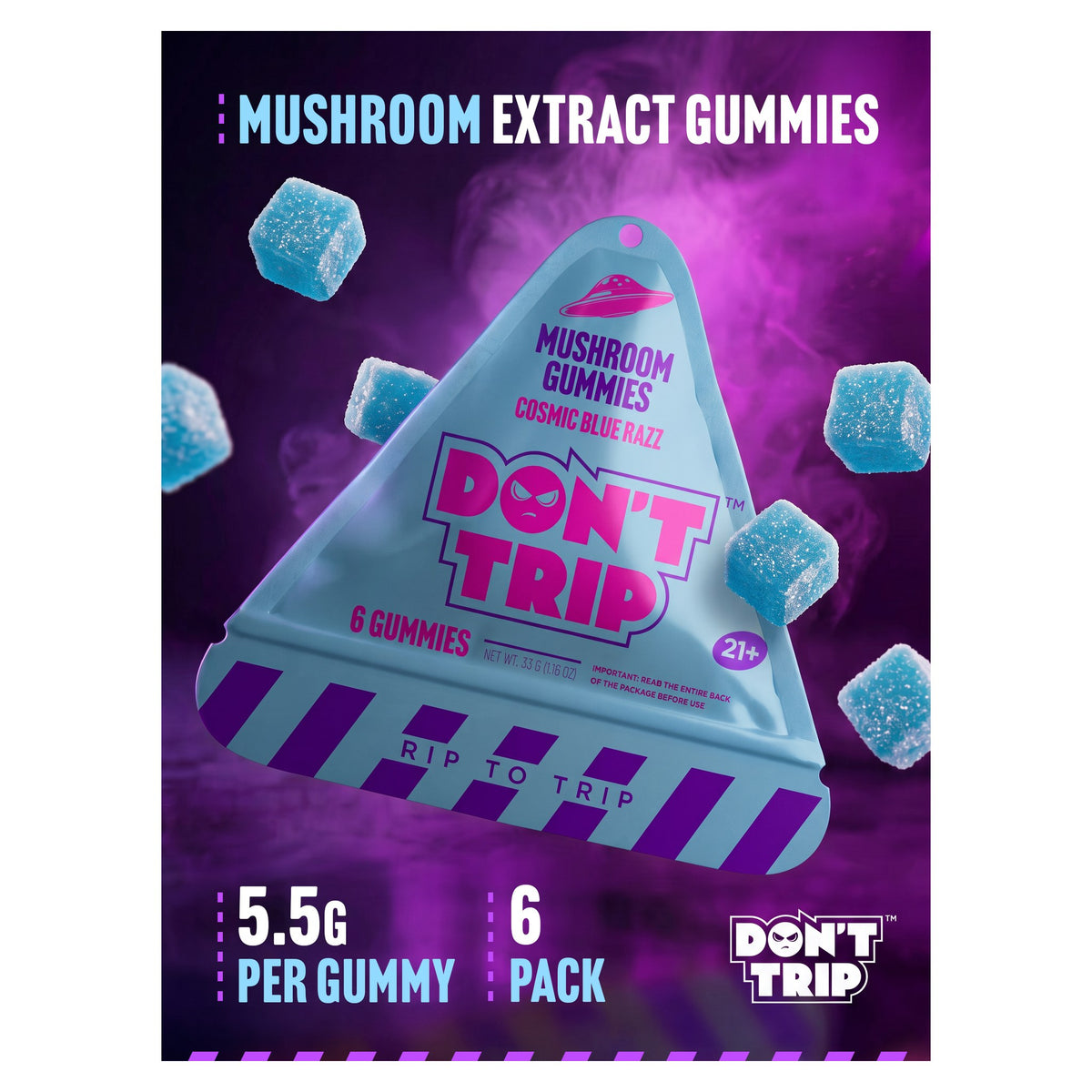Dozo Don't Trip mushroom gummies, Cosmic Blue Razz, 6-count pouch