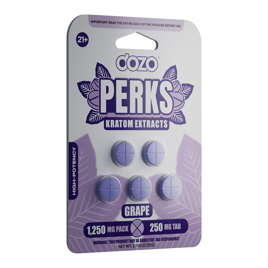 Dozo Perks Kratom Extract Grape blister pack, angled view
