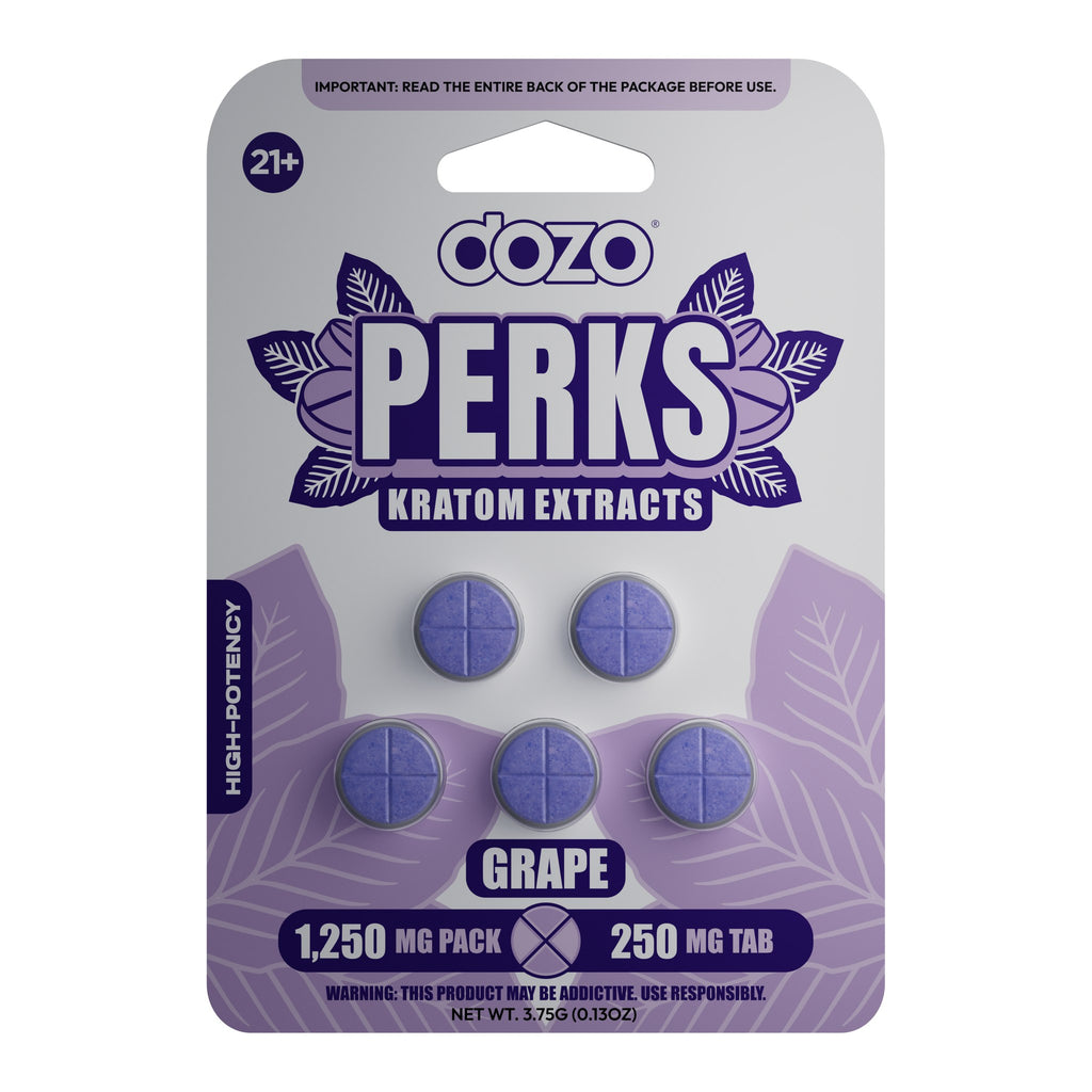 Dozo Perks Kratom Extract Grape 5-count blister pack, 250 mg tablets