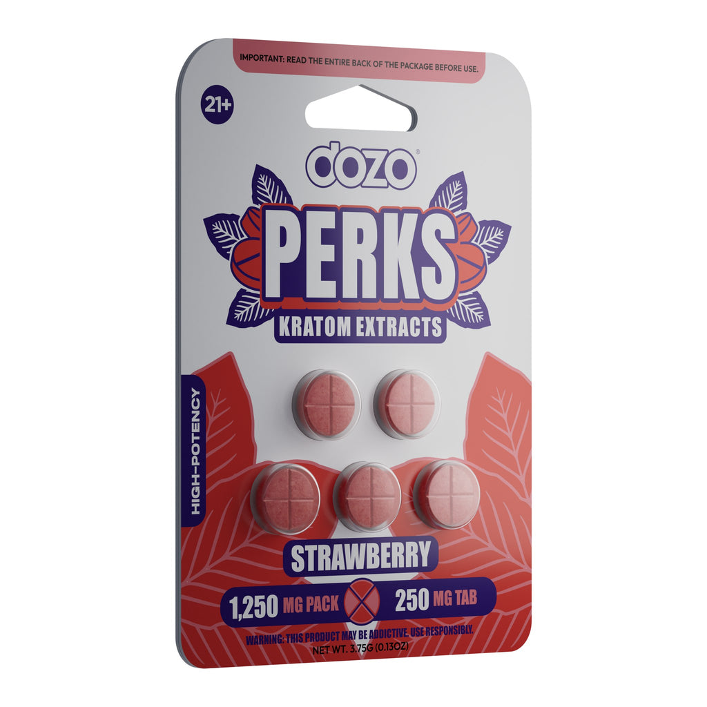 Dozo Perks Kratom Extract Strawberry blister pack, angled view