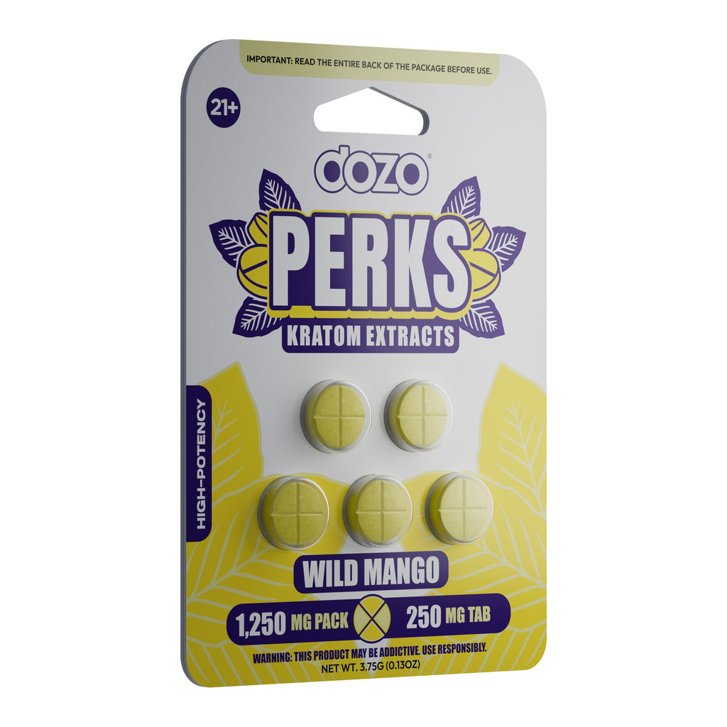 Dozo Perks Kratom Extract Wild Mango blister pack, angled view
