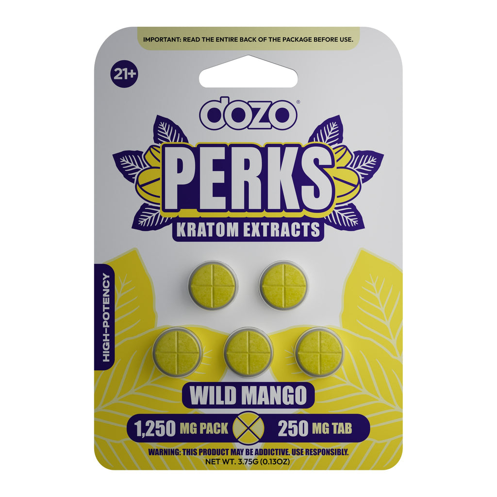 Dozo Perks Kratom Extract Wild Mango 5-count blister pack, 250 mg tablets