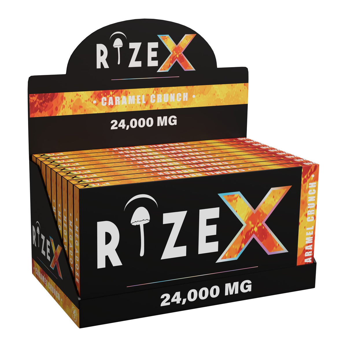 RiZE-X Caramel Crunch mushroom chocolate, display box of 10 bars