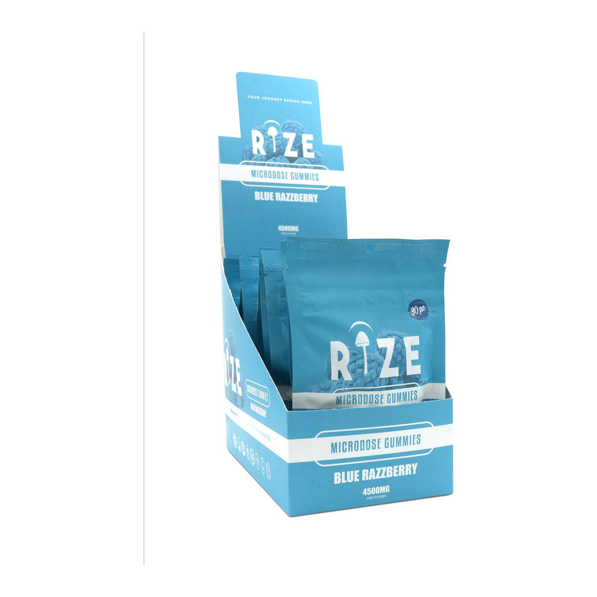 RiZE Blue Razzberry mushroom gummies display box of 10 pouches