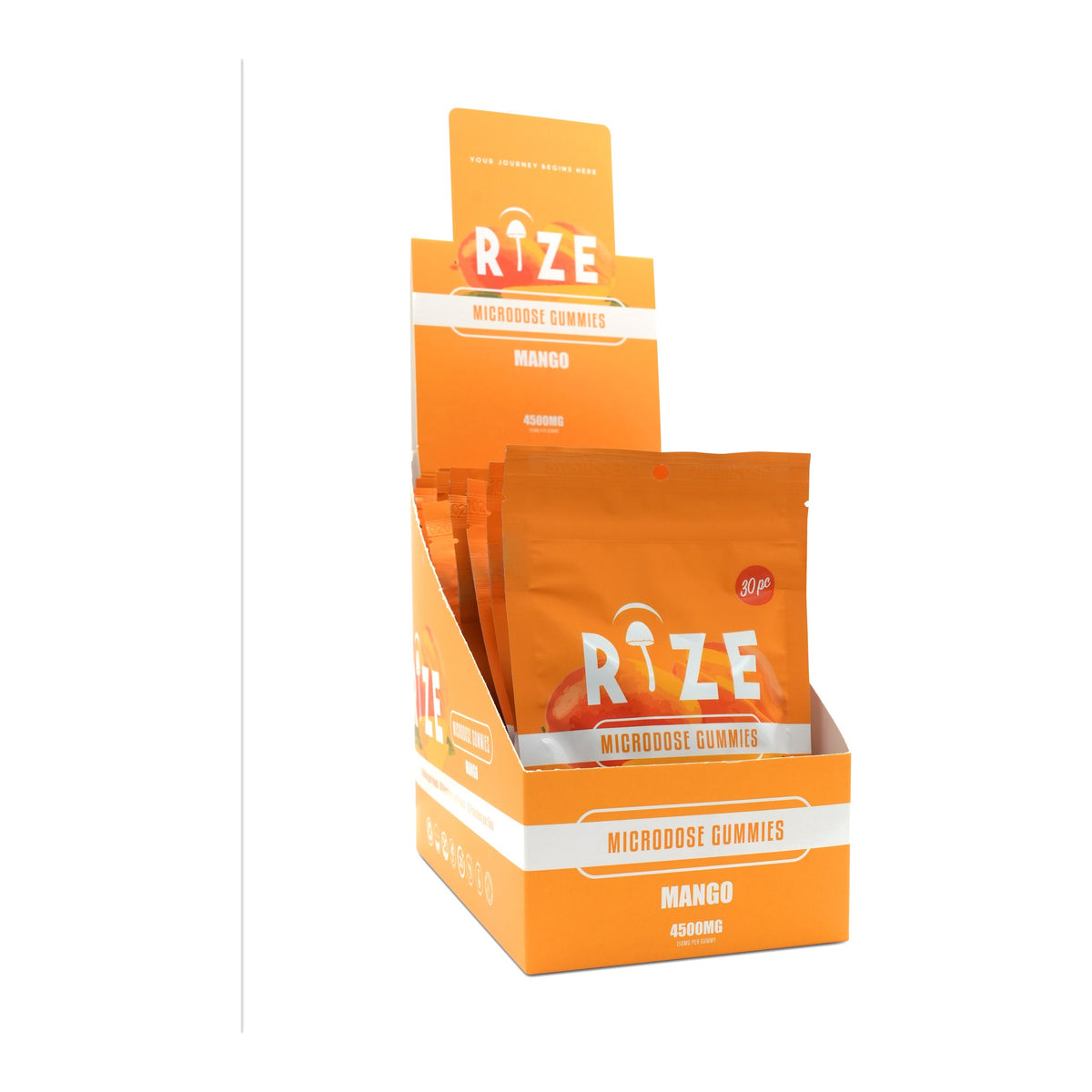 RiZE Mango mushroom gummies display box of 10 pouches