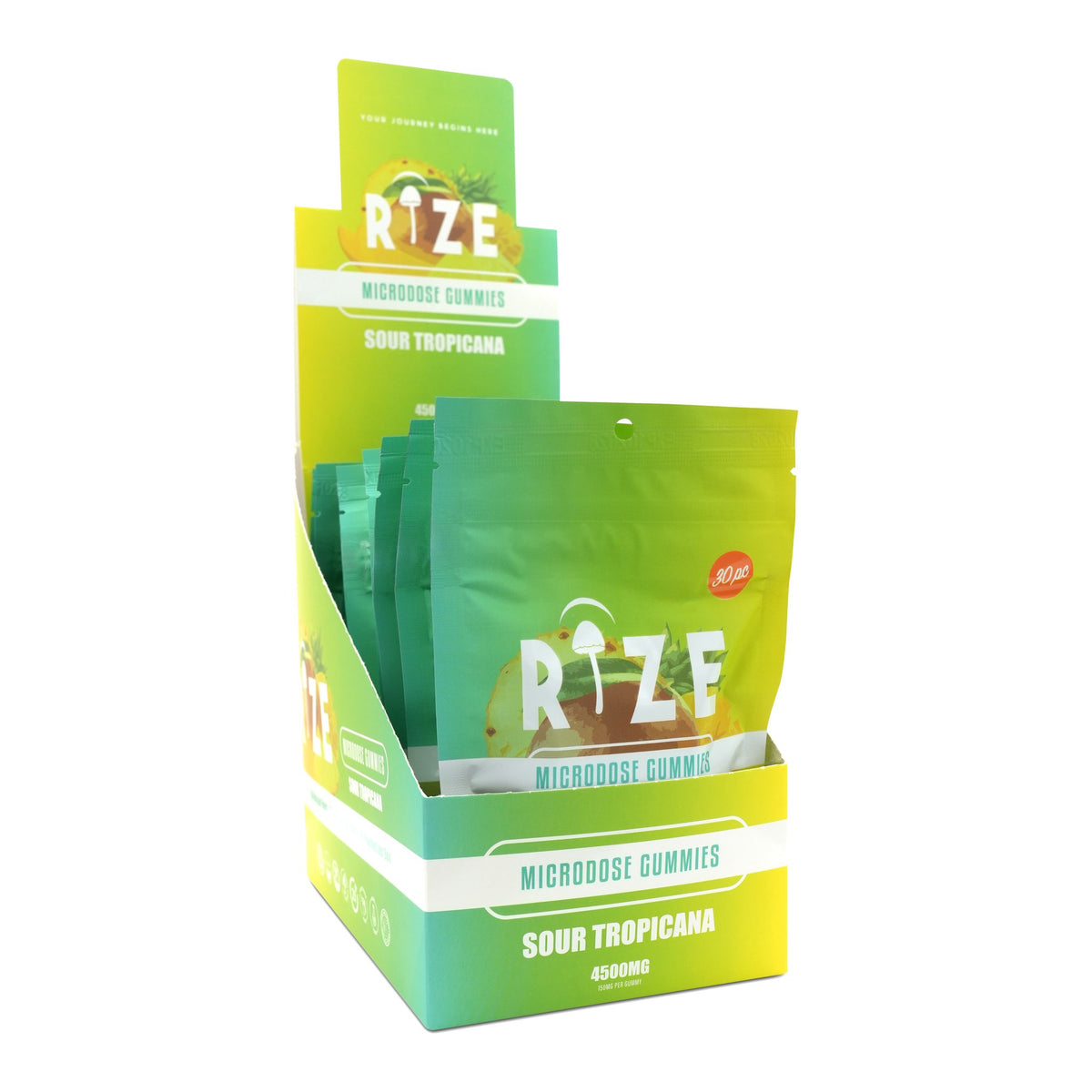 RiZE Sour Tropicana mushroom gummies display box of 10 pouches
